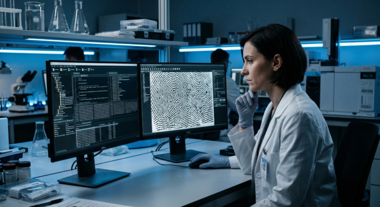 A forensic scientist analyzing digital data on a dual-monitor setup, highlighting non-color dependent forensics