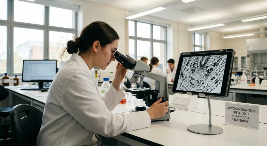 A university student looking through a microscope at a cellular slide