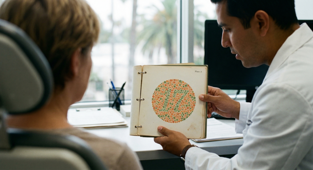 A doctor holding open an Ishihara color blindness test book during a medical exam.