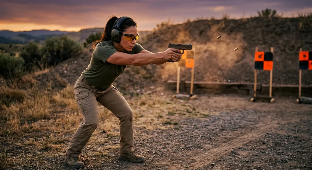 A person wearing tinted glasses practicing at an outdoor shooting range