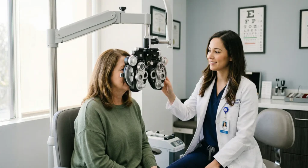A patient undergoing a detailed eye examination with an independent ophthalmologist