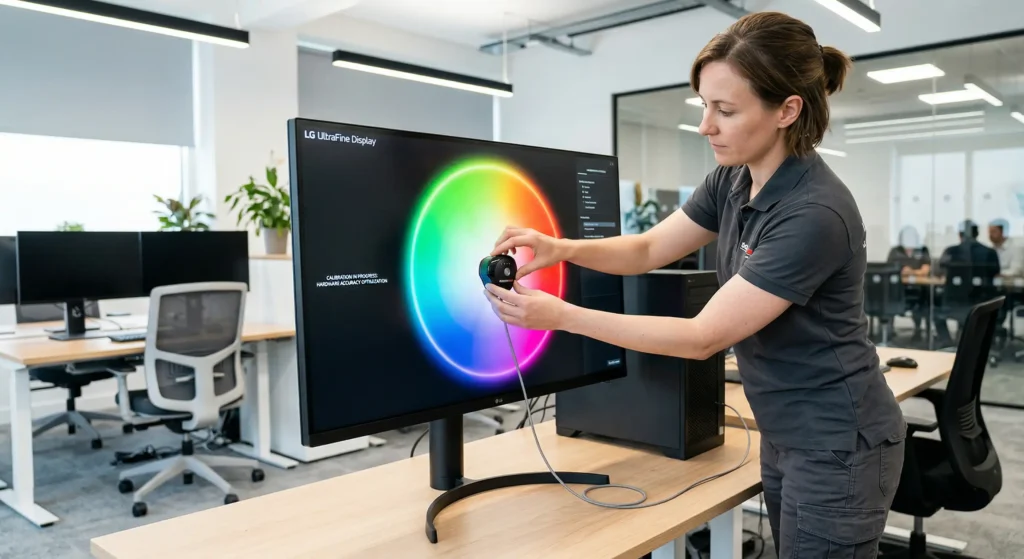 An IT professional or doctor using a colorimeter to calibrate a computer monitor