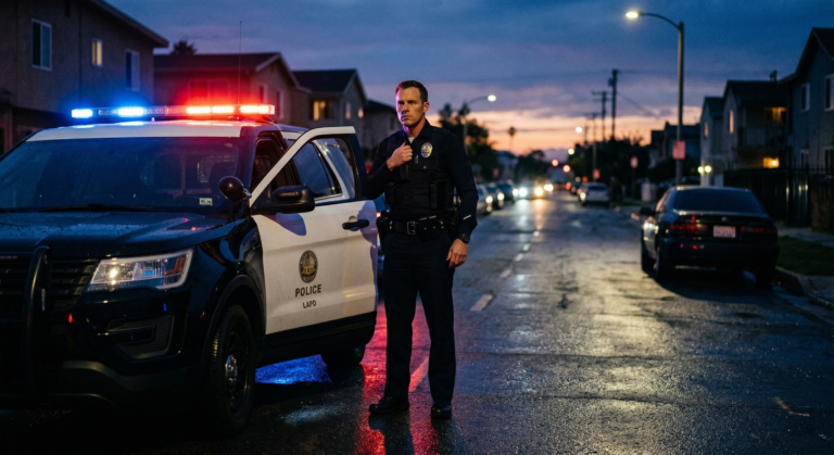 A police officer looking at a suspect vehicle under streetlights at night, illustrating the need for color vision.