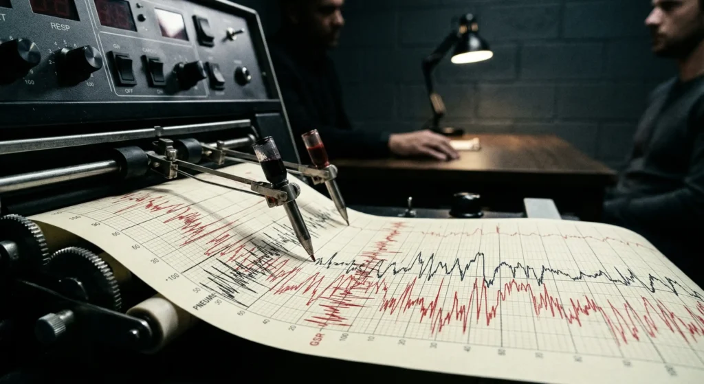 A close-up of a polygraph machine tracing lines, symbolizing police integrity.