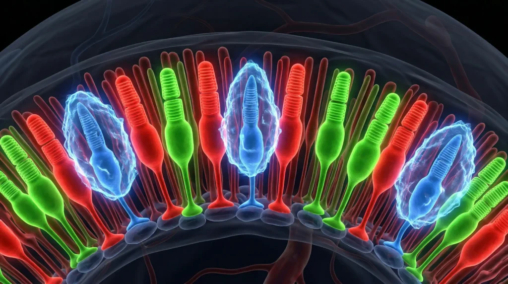 A medical illustration of the retina highlighting the fragile S-cones responsible for blue-yellow vision