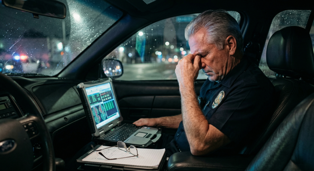 An older, veteran police officer rubbing his eyes in a dimly lit patrol cruiser