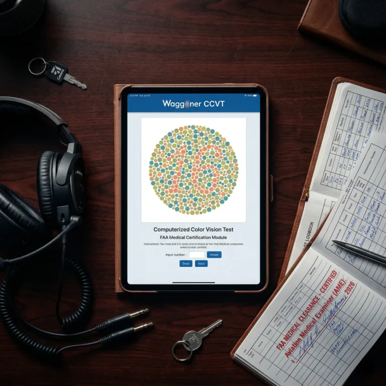An iPad displaying the Waggoner CCVT next to an aviation headset and pilot logbook.