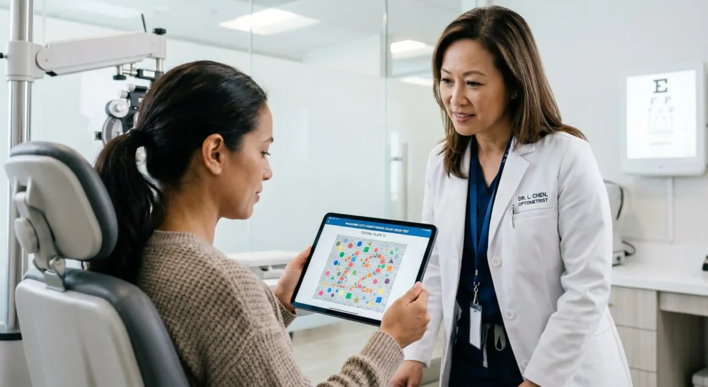 A computerized color vision test displayed on a tablet screen in a medical setting.