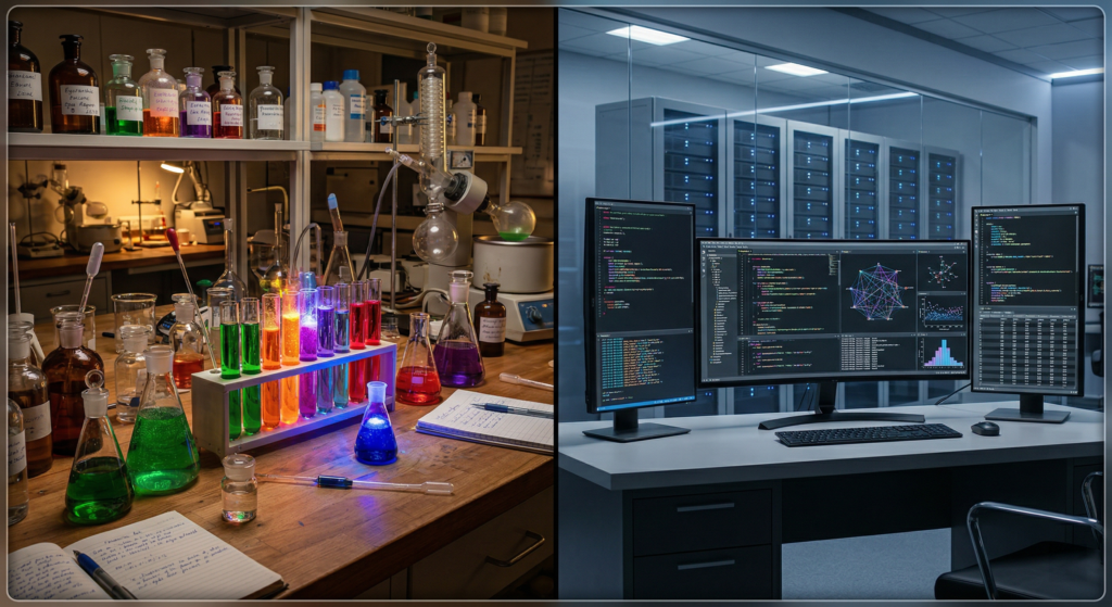 A split screen showing a colorful chemistry lab on one side and a high-tech computer lab on the other.