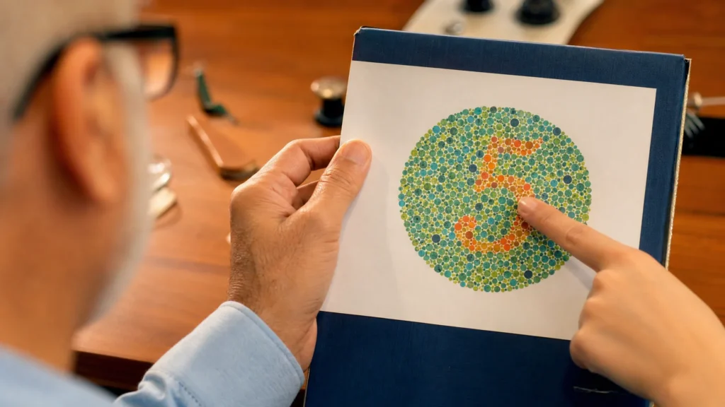 Adult professional taking Ishihara color plate test with Colorkinds corrective contact lenses