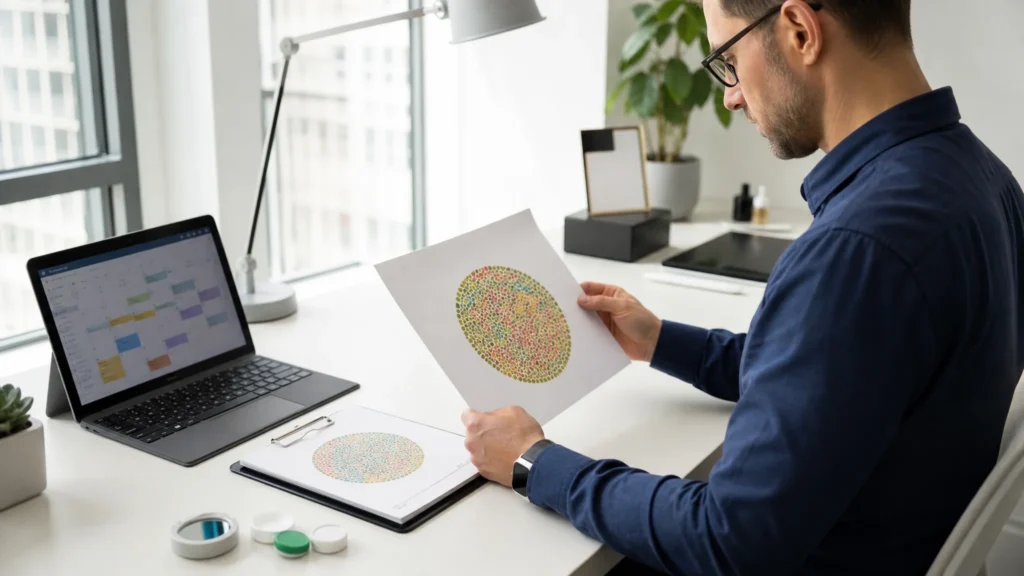 Five-step exam preparation checklist for occupational color vision test with Colorkinds contacts
