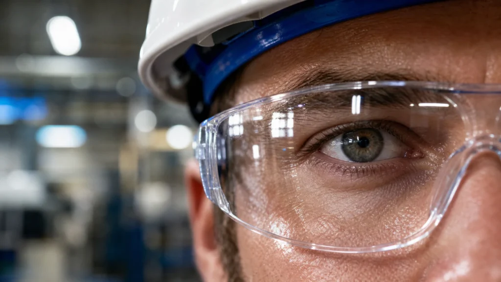 under-ppe-gear.webp Colorblind contact lenses worn discreetly under safety glasses, flight goggles, and hard hat