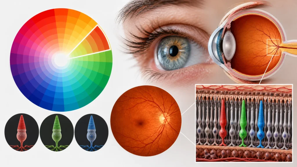 human three types of crones,the L-cones (sensitive to long/red wavelengths) and M-cones (sensitive to medium/green wavelengths) have overlapping sensitivity