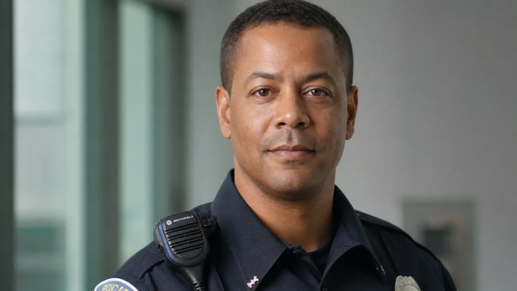 A smiles policeman on duty,wearing the colorblind contacts,which are invisible