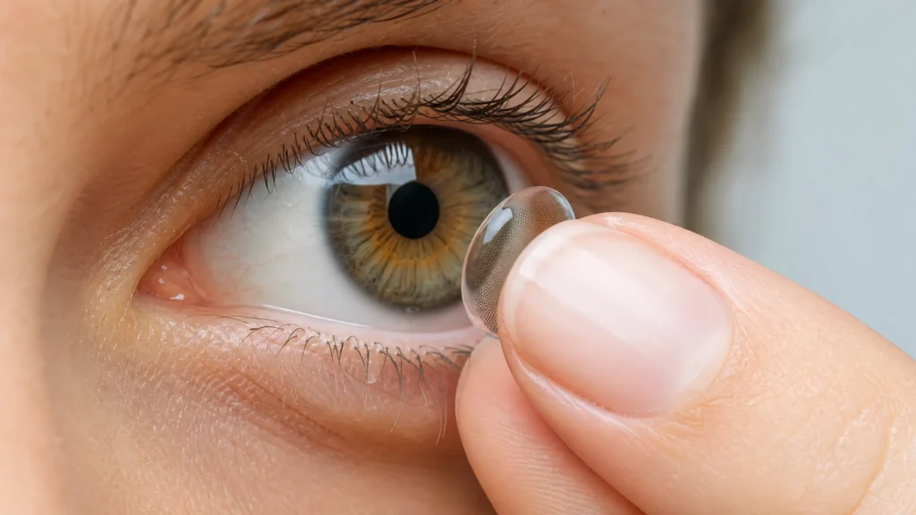 Colorkinds CCG088 uses a Polymacon soft hydrogel lens with a spectral notch filter in the 590700nm range