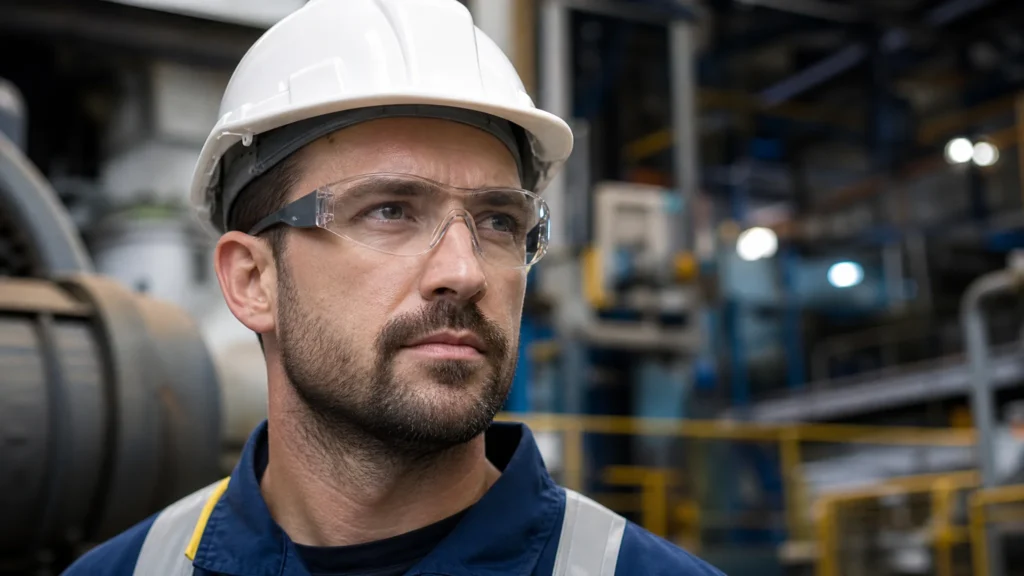 A engineer wearing colorblind contacts with doggles