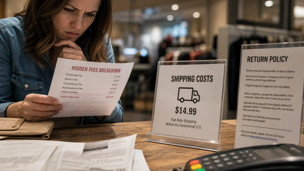 A lady checking the Colorkinds hidden fees, currency confusion, and return policies