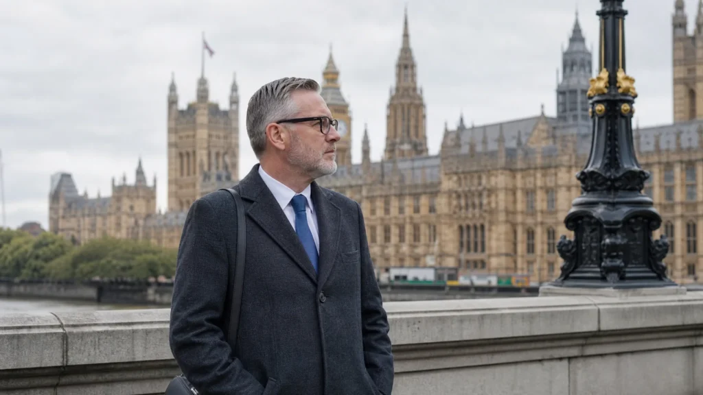 A UK businessman walking in the bridge by wearing invisible contacts for colorblind