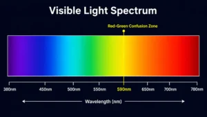 Visible light spectrum bar from violet to red with a yellow marker at 590 nm and wavelength axis (380–780 nm).