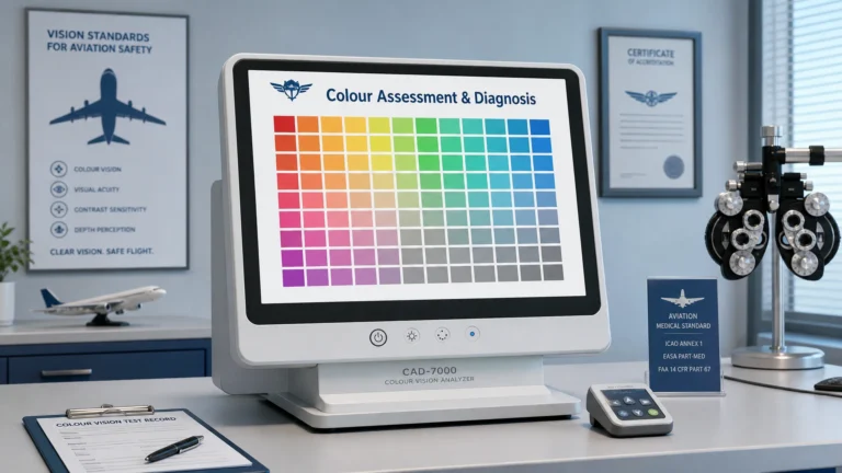 CAD-7000 colour vision analyzer displaying a rainbow grid of color swatches for colour-vision testing on a lab desk.