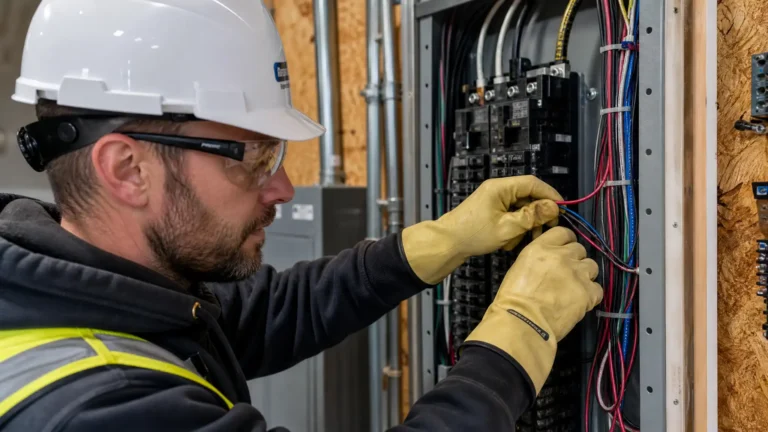 Electrician wearing a hard hat and gloves, wiring a residential electrical panel with red and blue cables inside a cabinet.