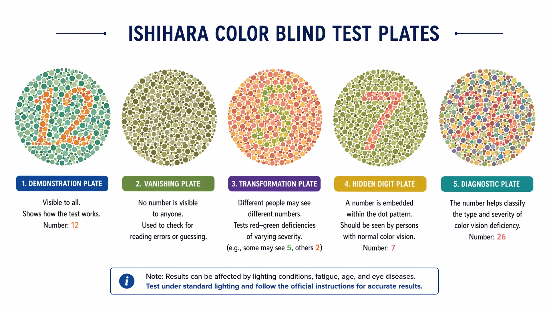 Five Ishihara plate types color blindness test comparison