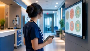 Nurse in blue scrubs with a stethoscope around the neck, holding a tablet, standing in a hospital hallway beside a wall-mounted screen showing colorful circular diagrams.