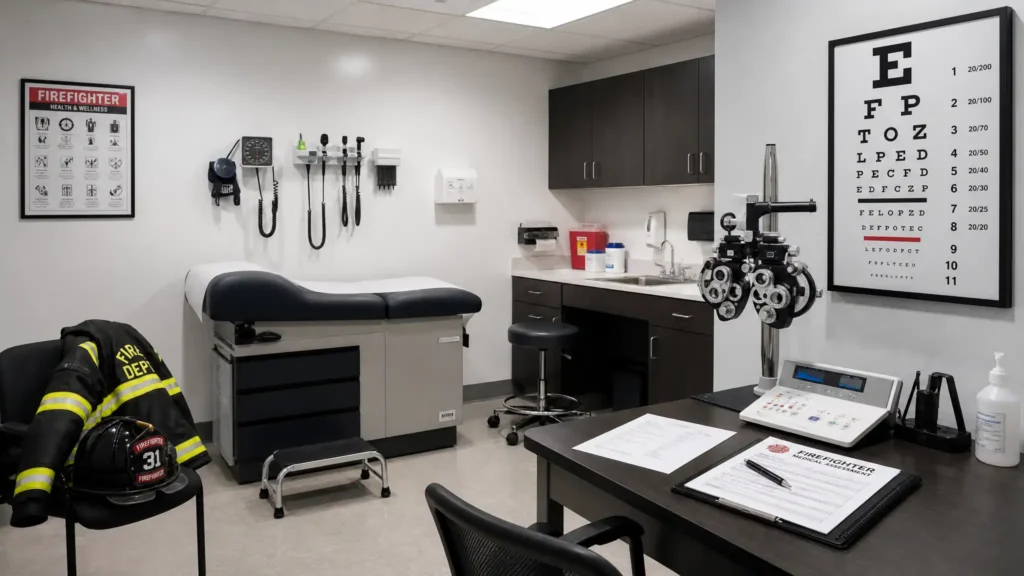 Firefighter medical examination room with vision testing equipment and medical assessment charts