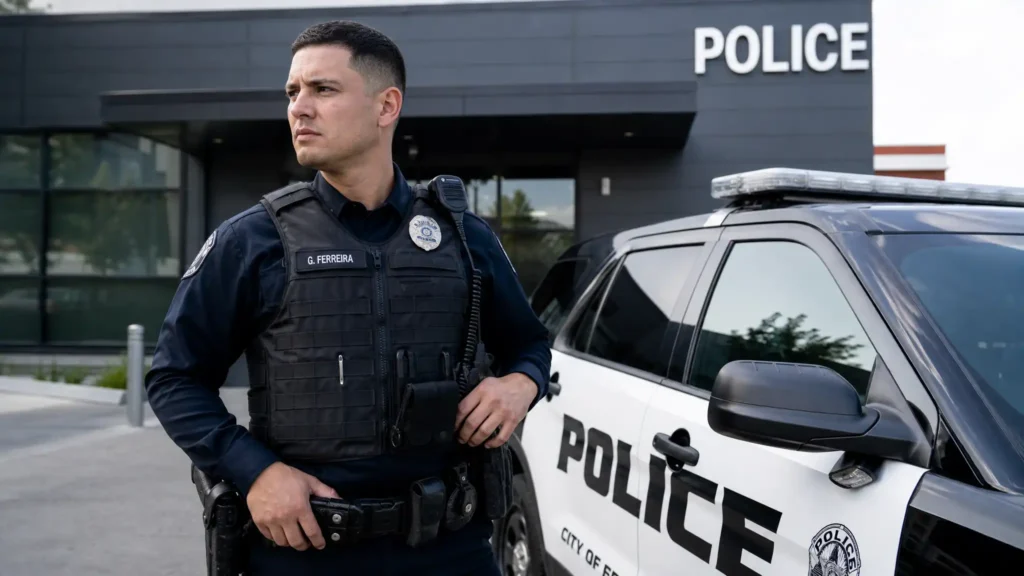 Police officer in tactical vest standing beside a black-and-white police SUV outside a precinct, looking to the left.