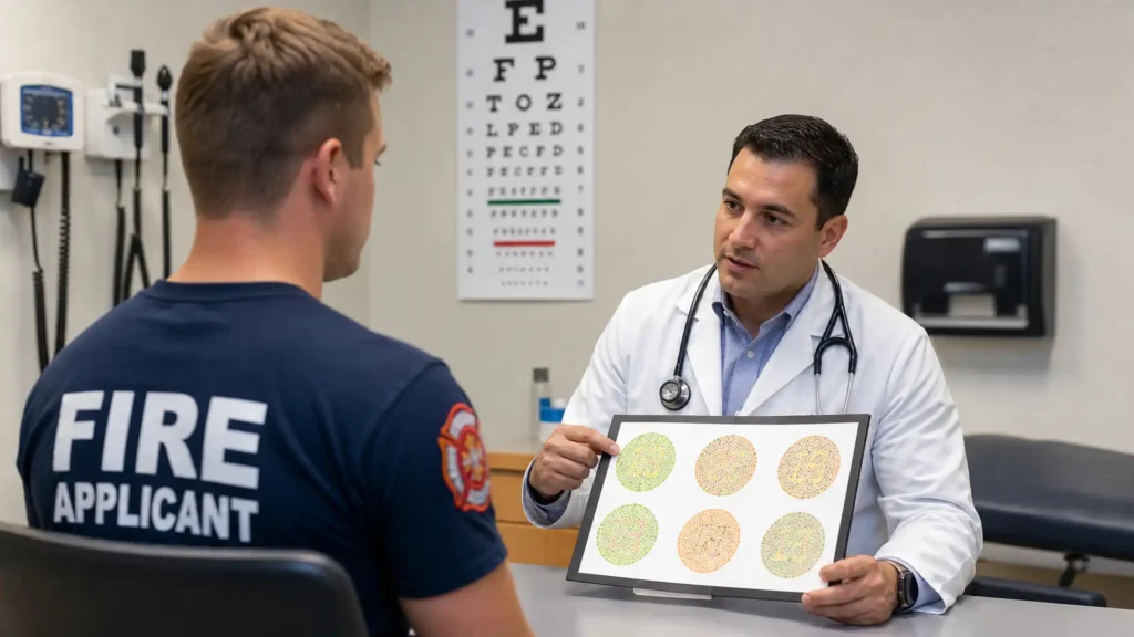 Ishihara color vision test plates being shown to a firefighter candidate during a medical screening