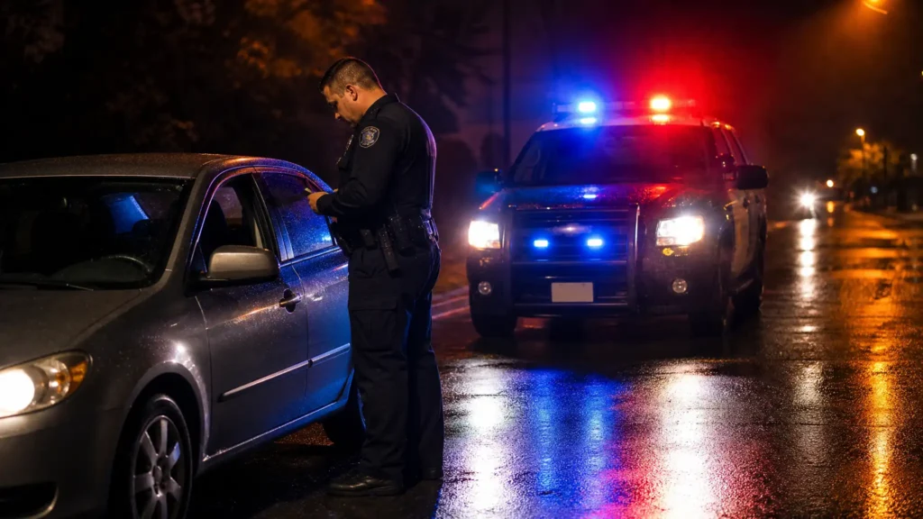 Police officer checks a driver's window at night beside a sedan with a police SUV flashing red and blue lights nearby on a wet street.