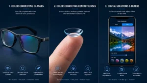 Three-panel product infographic: color-correcting glasses, color-correcting contact lens, and a phone app for photo color adjustments on a dark blue background.
