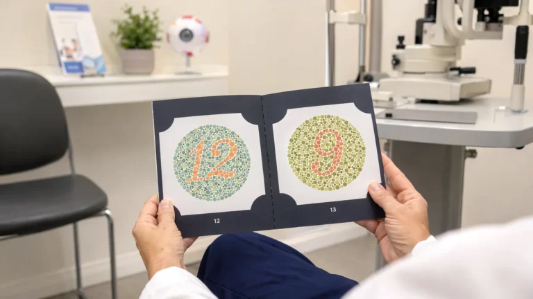 Person wearing a white coat holds an open booklet with two dotted circular diagrams labeled 12 and 13 in an eye clinic.